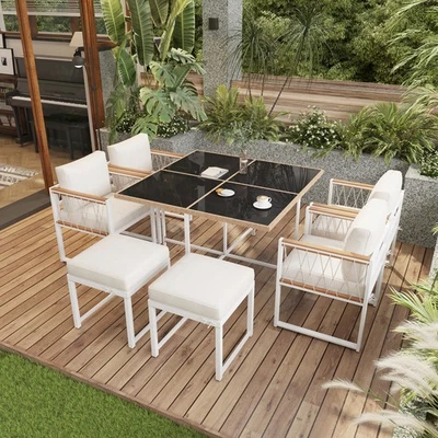 Sitzgruppe 7-teilig Essgruppe Tisch mit 6 Stühle Weiß Terrasse Gartenmöbel Set - Bild 1 von 4