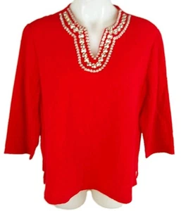 C. D. Petites Red 3/4 Sleeve Embellished V- Neck Shirt Women's Size PXL - Picture 1 of 18