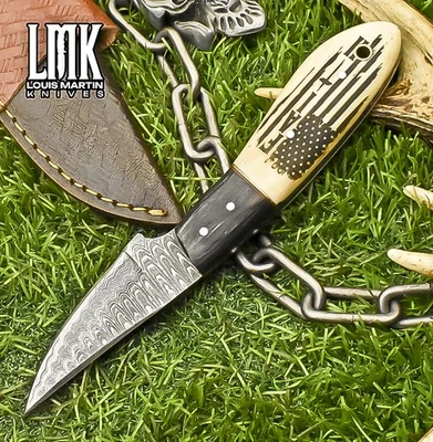 LMK Custom Skinner Knife Ladder Damascus ScrimShaw Bone Wooden Bolster Tactical - Image 1 of 4