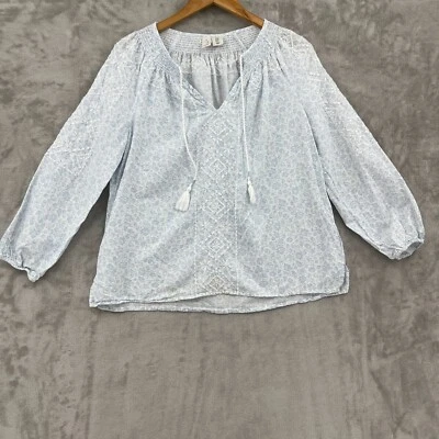Joie Mujer M Floral Mezcla de Lino Azul Blanco Bordado Boho Campesino Top Borla Foto 1 de 4