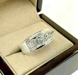 1.2Ctw Round Cut Moissanite Prong Men's Wedding Band Ring 14k White Gold Plated - Picture 1 of 11