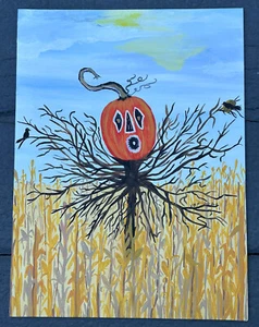 Folk Art Painting Canvas Fall Halloween Spooky Pumpkin Scarecrow Corn Fields - Picture 1 of 4