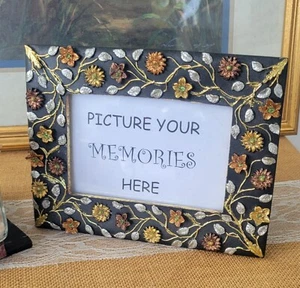 Sparkly Gold Copper Bronze Silver Florals on Black Resin Picture Frame, 4"x6" - Picture 1 of 19