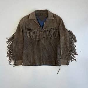 Vintage 60s Brown Suede Fringe Jacket Lined Brown Cowboy Western Size Large - Picture 1 of 7