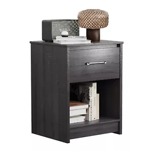 Nightstand with Drawer Storage Shelf Wooden End Side Table Bedroom Black - Picture 1 of 12