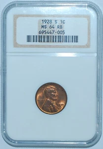 1928 S Large S NGC MS64RB FS-501 Red and Brown Lincoln Wheat Cent - Picture 1 of 3