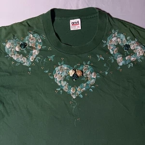 Vintage 1990s 90s Flower Floral Heart Painting Puffy Print Handmade T-Shirt, XL - Picture 1 of 6