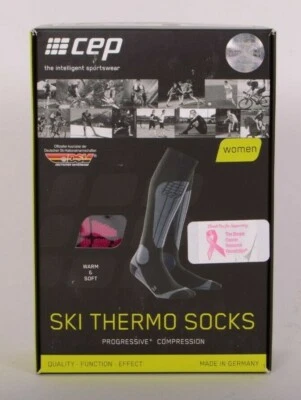 全新带盒 女式 CEP PROGRESSIVE+ THERMO SKI SOCKS COMPRESSION 4 黑色 粉红色 — 第 1/3 张图片