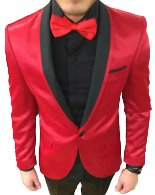 Designer Fête Costume Smoking Rouge Brillant Col pour Hommes de Mariage 46 - Photo 1/4
