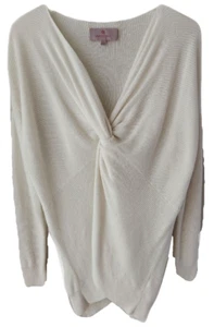 Laurie Felt Los Angeles Twist Front Sweater L Cashmere Blend Ivory V Neck - Picture 1 of 10