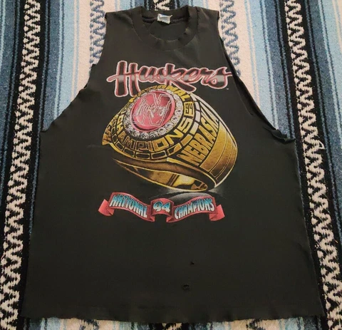 Vtg 90s Nebraska Huskers Championship Ring Cut Off Thashed T Shirt Sz L USA Made Cover