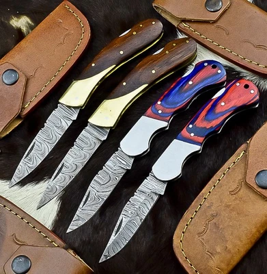 Lot of 4 PC DAMASCUS STEEL POCKET FOLDING KNIVES, POCKET KNIVFES W/SHEATH Z-2099 - Image 1 of 4