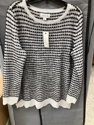 Elle Women's Black & White Striped Sweater W/Scalloped Hem Size M - Image 1 of 4