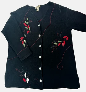 Cárdigan Suéter Susan Bristol Bordado a Mano 100% Lana Negro XL Floral De Colección - Imagen 1 de 18