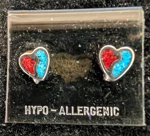 Earring Turquoise and Red Coral Chip Inlay Heart Nickel Silver Post Earrings - Picture 1 of 2