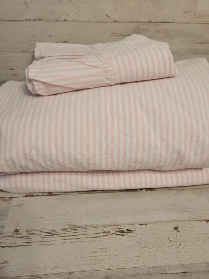 Pottery Barn 青少年水洗棉荷叶边条纹床单套装 TWIN/XL 粉状腮红 — 第 1/3 张图片