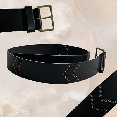 EXPRESS Black Wide Belt Women's Faux Leather NWT Deadstock Gold Buckle Grommet S - Image 1 of 4