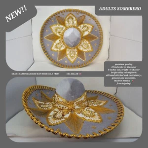 GRAY with gold trim embroidery adults sombrero charro mariachi hat VELOUR - Picture 1 of 8