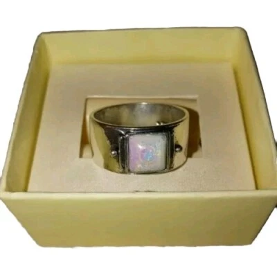 Square Silver  w/Opal Gemstone ~ Size 9 ~ Wide Band Ring - Image 1 of 4