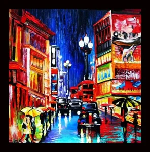 RAIN IN LONDON PALETTE KNIFE TEXTURE OIL PAINTING ART BY IVETA - Picture 1 of 11
