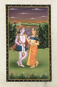 Pintura en miniatura india de hermoso arte Radha Krishna en tela de seda 7x11 pulgadas - Imagen 1 de 7