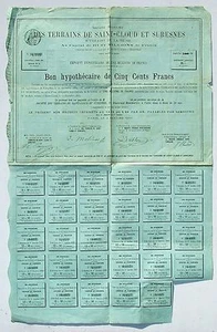 Dépt 92 & Paris IX ème SA des Terrains de St Cloud et Suresnes Bon de 500 F 1883 - Picture 1 of 1