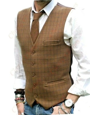 Mens Camel Brown Check  Wool Handle Tweed Waistcoat Vest Gilet - Image 1 of 4