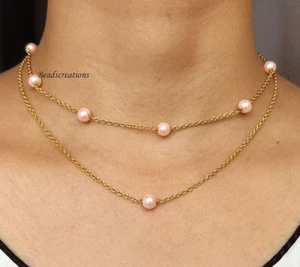 Duble Strand Pink Pearl Beads Chain Necklace Wedding Jewelry Gift for Wife - Picture 1 of 3
