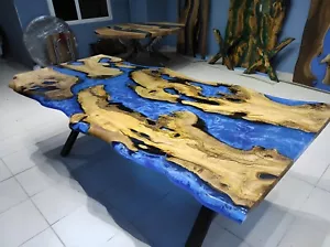 Live Edge Olive Table | Ocean River Dining Epoxy Table | Blue and White Epoxy Ta - Picture 1 of 12