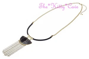 14K Gold Textured Mock Croc Snake Reptile Inlay Large Tasselled Pendant Necklace - Picture 1 of 2