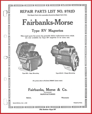 Fairbanks Morse Tipo RV Magneto Lista de Peças de Reparo Catálogo Manual Nº 9782D - Imagem 1 de 4
