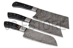 Maßgefertigtes handgefertigtes Damaststahl Küche Koch Set 3-teilig mit Lederscheide  - Bild 1 von 5