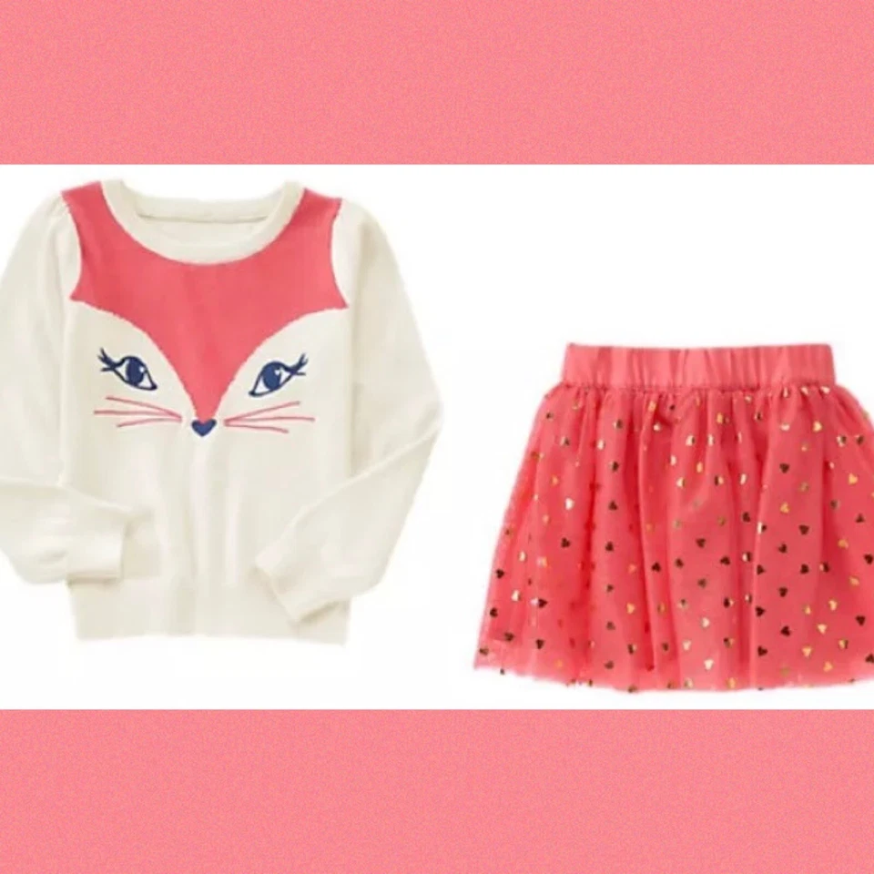 NWT Girls 7 Gymboree “WOODLAND WONDER” Cotton Coral/Ivory FOX Sweater & TUTU Set - Image 1 of 2