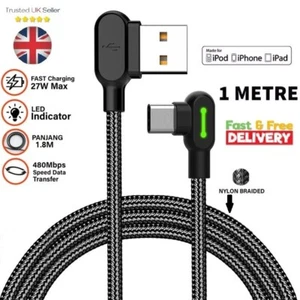 LED Fast Charging Data Cable For iPhone For iPad USB Charger 90° L Shape UK - Picture 1 of 8