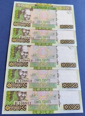 Consecutive Lot, Guinea, 5 x 500 francs, 2017, P-47, UNC   New Signature - Image 1 of 2