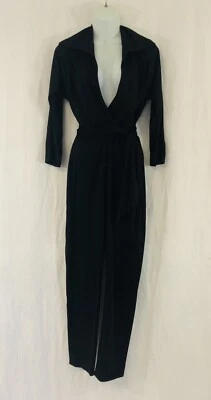 Vintage 1970’s LeVoys  Jumpsuit Neglige Hostess Black Small Plunge Wrap Slinky - Image 1 of 4