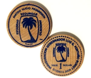 2009 Ficha Gobernador LUIS FORTUÑO B PARTIDO PNP Puerto Rico Wooden Nickel Token - Picture 1 of 3