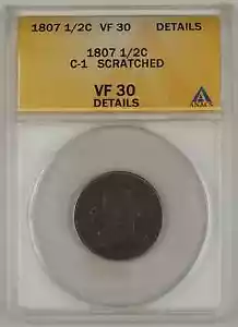 1807 Draped Bust Half Cent Coin ANACS C-1 Scratched VF-30 Detailed - Picture 1 of 2