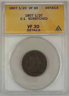 1807 Draped Bust Half Cent Coin ANACS C-1 Scratched VF-30 Detailed - Image 1 of 2