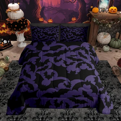 Edredones de ropa de cama con temática de Halloween tamaño queen, edredón con estampado de animales murciélagos negros Foto 1 de 4