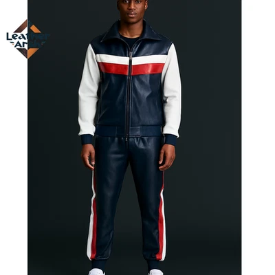 Conjunto de 2 piezas de chándal de cuero de PU y cordero para hombre rojo blanco azul estilo motociclista Foto 1 de 4