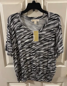 Michael Kors Women's Black/White Short Sleeve Soft Shirt Smocked Hem ~ M ~ NWT - Picture 1 of 5