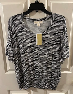 Michael Kors Women's Black/White Short Sleeve Soft Shirt Smocked Hem ~ M ~ NWT - Image 1 of 4