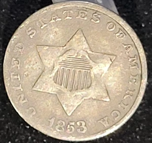 1853 Three 3 Cent Silver Coin Nice Mid Grade Example - Picture 1 of 2