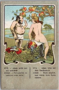 Vintage 1910s Religious Comic Greetings Postcard ADAM & EVE / in French & German - Picture 1 of 2