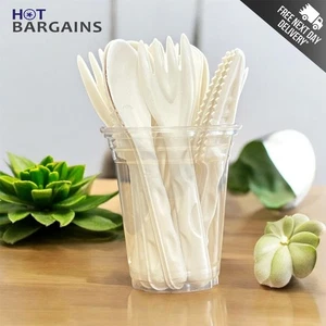Juego de cubiertos de bagazo biodegradables blancos - cucharas, cuchillos y tenedores para catering - Imagen 1 de 8