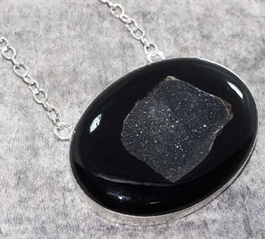 Massive Black Botswana Druzy 50X65mm Gemstone Necklace 18-19" GW - Photo 1/3