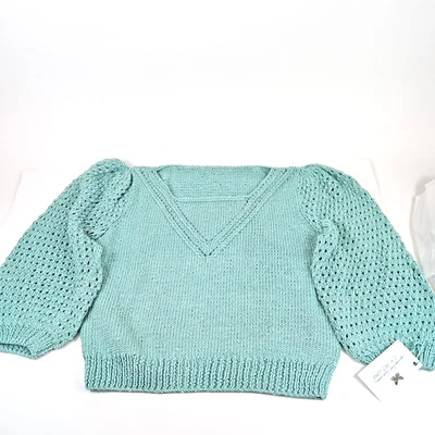 Suéter Vintage Hecho a Mano Tejido Lana Seda Aqua Mangas Globo Corte Talla Pequeña? Foto 1 de 4