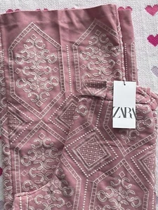 ZARA Pink & White Embroidered Rustic Wide Leg Trousers Size S 8338/840 - Picture 1 of 9