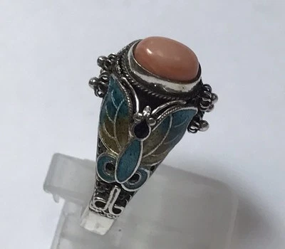 PRECIOSO ANILLO PLATA ESTERLINA ESMALTE MARIPOSA ROSA CORAL BANDA AZUL TALLA 9.25 Foto 1 de 4